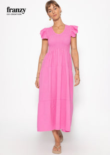 Maxi Musselin Kleid mit Volants und Flügelärmel - pink