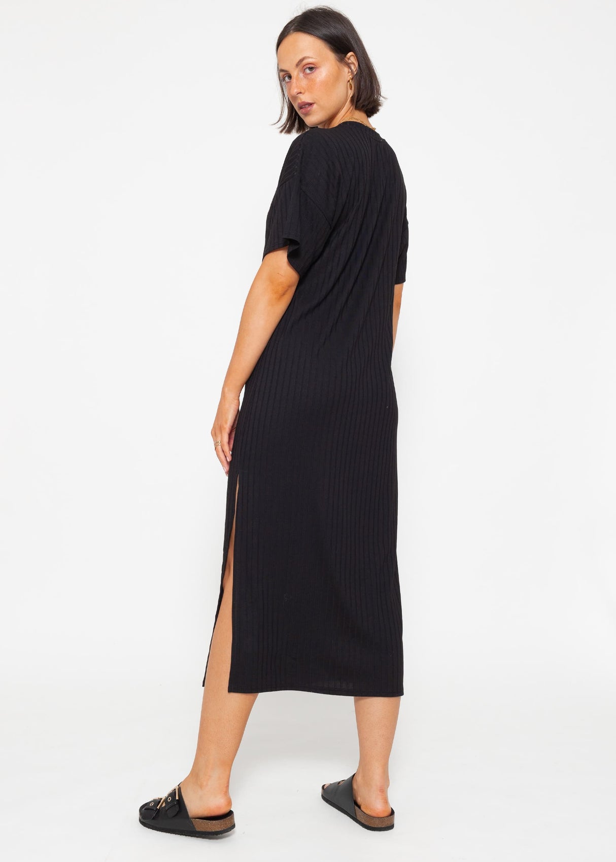Maxi Rip Jersey Kleid mit Schlitz - schwarz