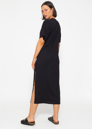 Maxi Rip Jersey Kleid mit Schlitz - schwarz