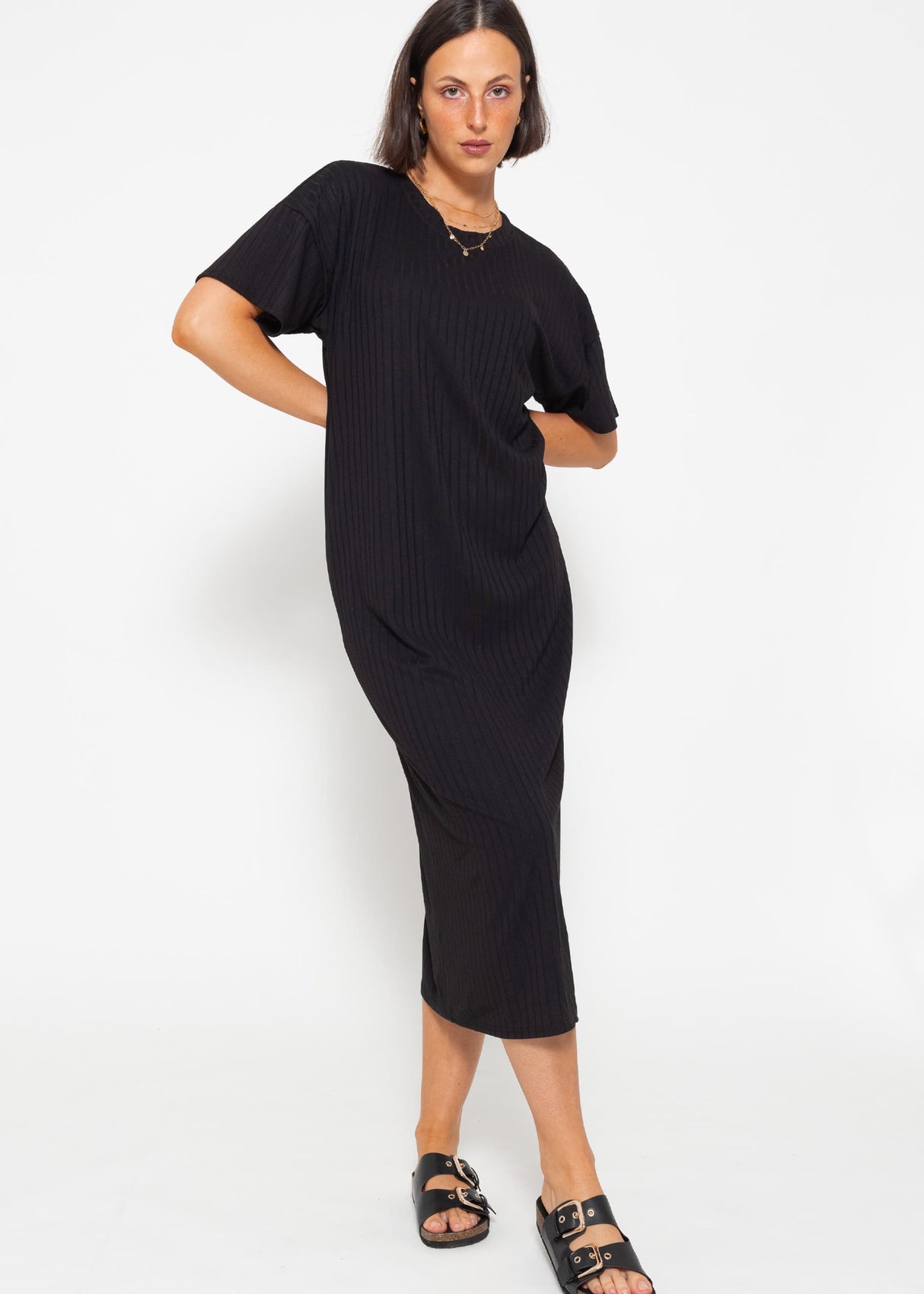 Maxi Rip Jersey Kleid mit Schlitz - schwarz