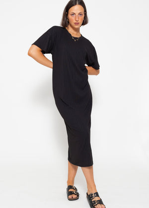 Maxi Rip Jersey Kleid mit Schlitz - schwarz
