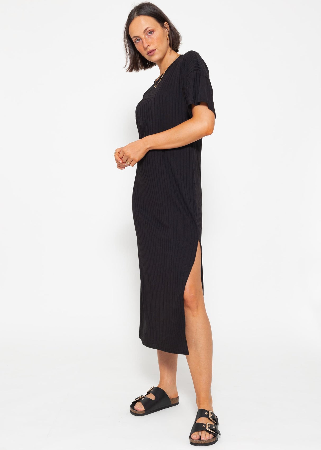 Maxi Rip Jersey Kleid mit Schlitz - schwarz