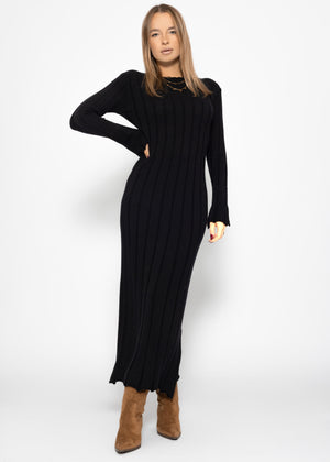 Maxi knit dress with ribbed look - black