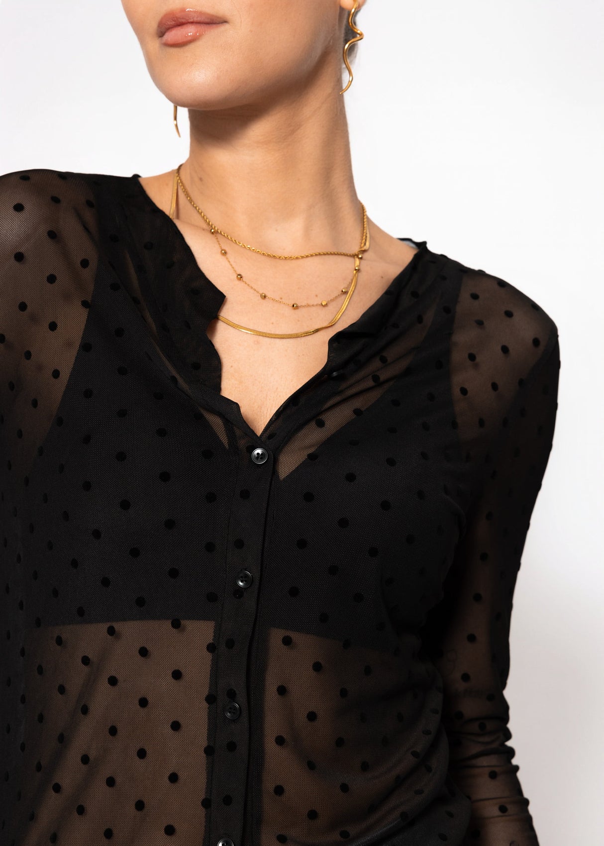 Mesh Langarmshirt mit Punktemuster - schwarz