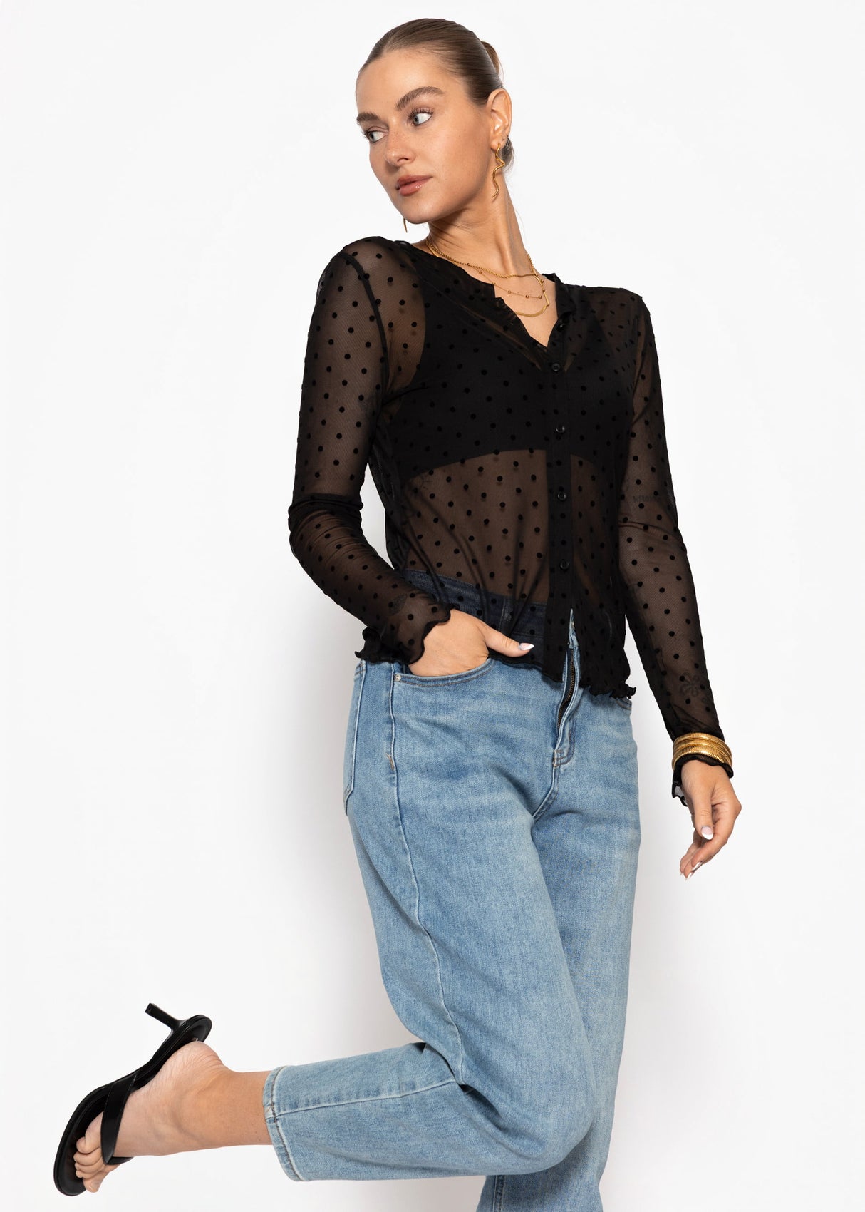 Mesh Langarmshirt mit Punktemuster - schwarz