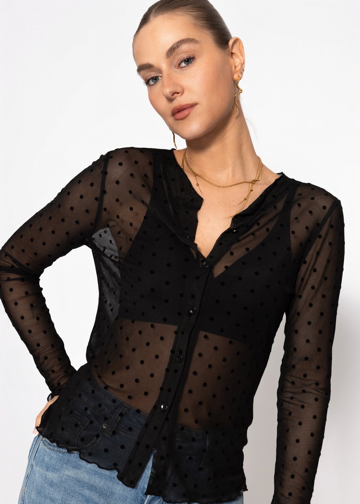 Mesh Langarmshirt mit Punktemuster - schwarz