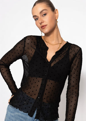 Mesh Langarmshirt mit Punktemuster - schwarz