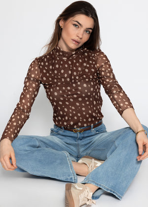 Mesh Langarmshirt mit Bambi-Print - braun