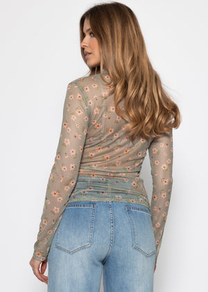 Mesh long-sleeved shirt with floral print - green