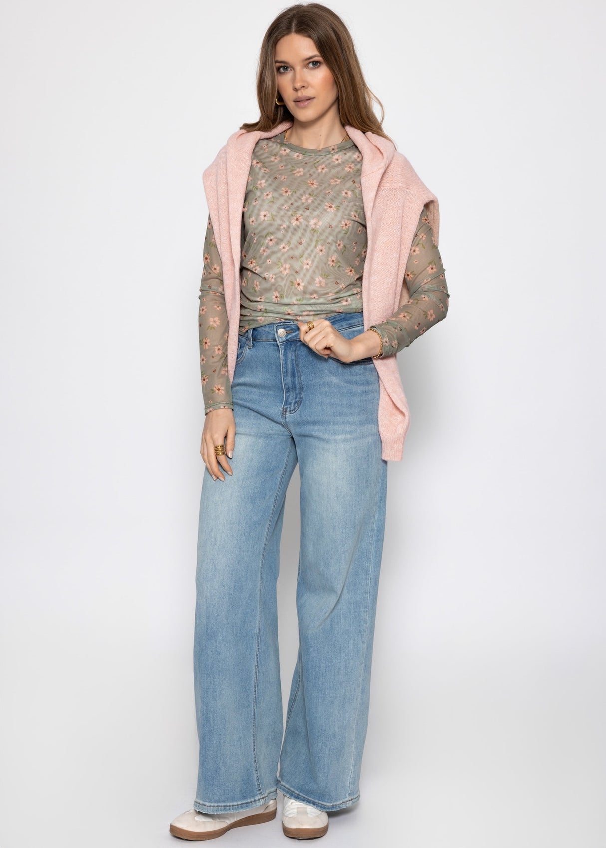 Mesh long-sleeved shirt with floral print - green