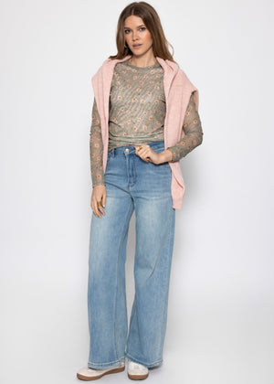 Mesh long-sleeved shirt with floral print - green