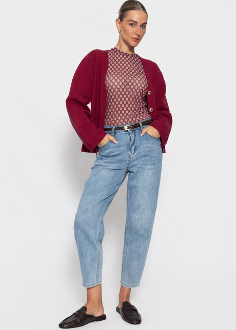 Mesh Langarmshirt mit geometrischem Muster - burgundy