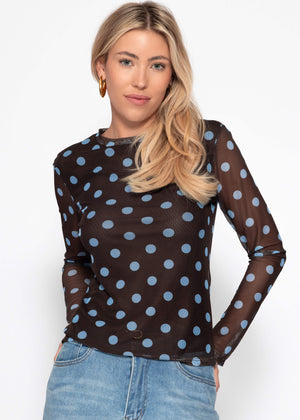 Mesh long-sleeved shirt with large polka dots - brown-blue