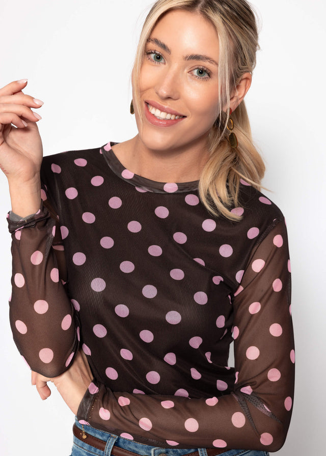 Mesh long-sleeved top with large polka dots - brown-rose