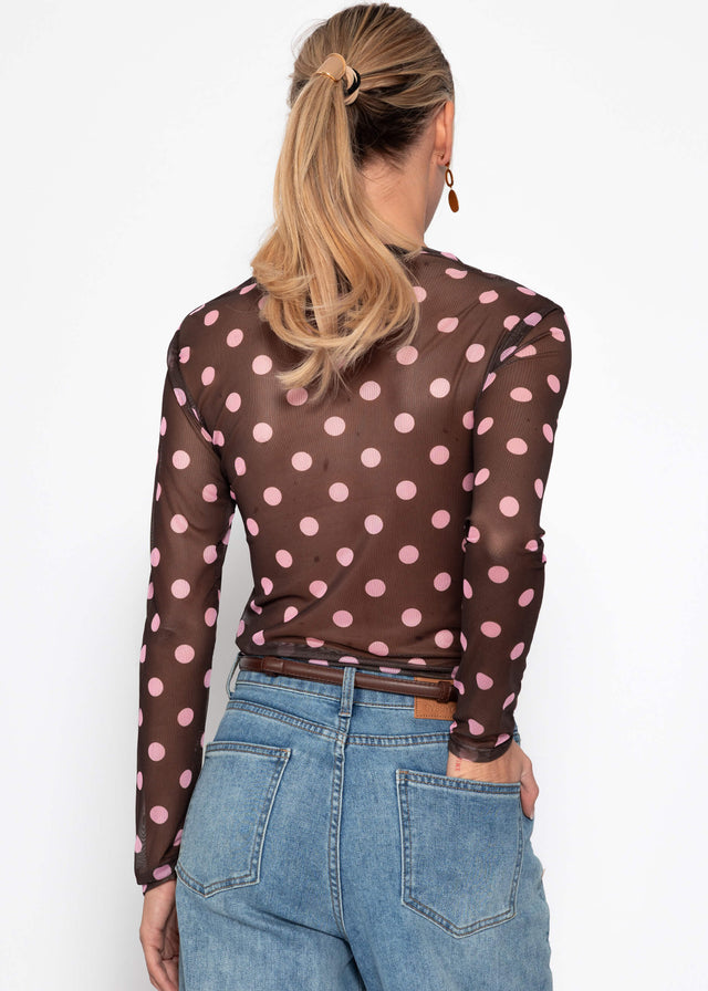 Mesh long-sleeved top with large polka dots - brown-rose
