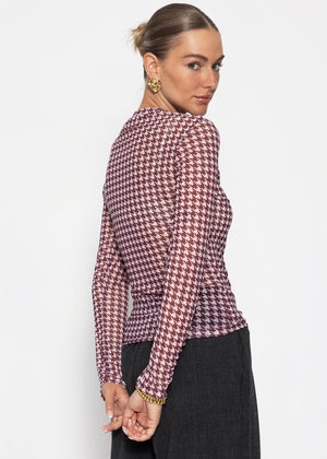 Mesh Langarmshirt mit Hahnentrittmuster - burgundy