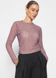 Mesh Langarmshirt mit Hahnentrittmuster - burgundy