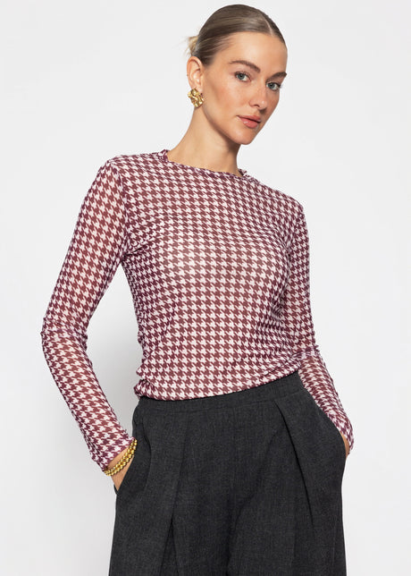 Mesh Langarmshirt mit Hahnentrittmuster - burgundy