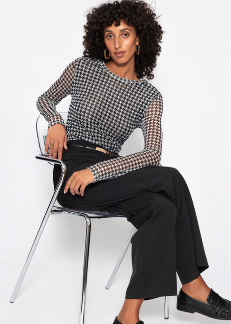 Mesh Langarmshirt mit Hahnentrittmuster - schwarz
