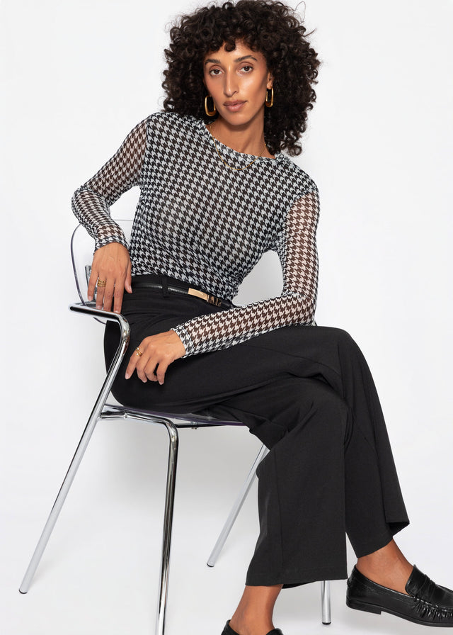 Mesh Langarmshirt mit Hahnentrittmuster - schwarz