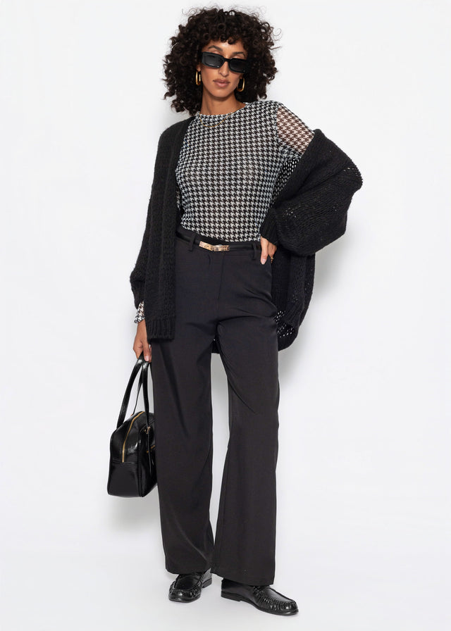 Mesh Langarmshirt mit Hahnentrittmuster - schwarz