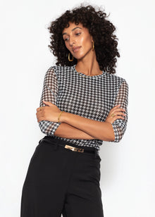 Mesh Langarmshirt mit Hahnentrittmuster - schwarz