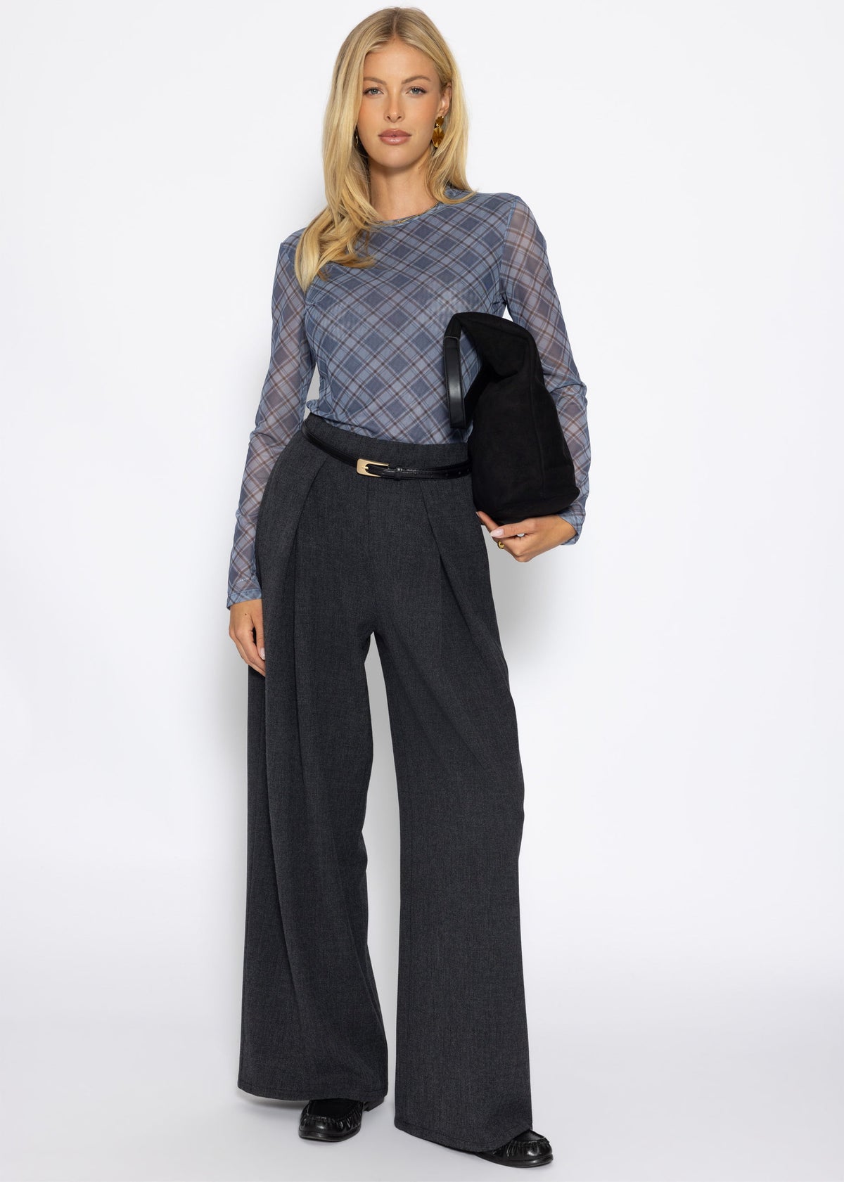Mesh Langarmshirt mit kariertem Muster - blau