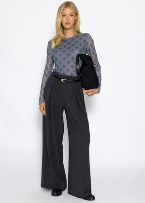 Mesh Langarmshirt mit kariertem Muster - blau
