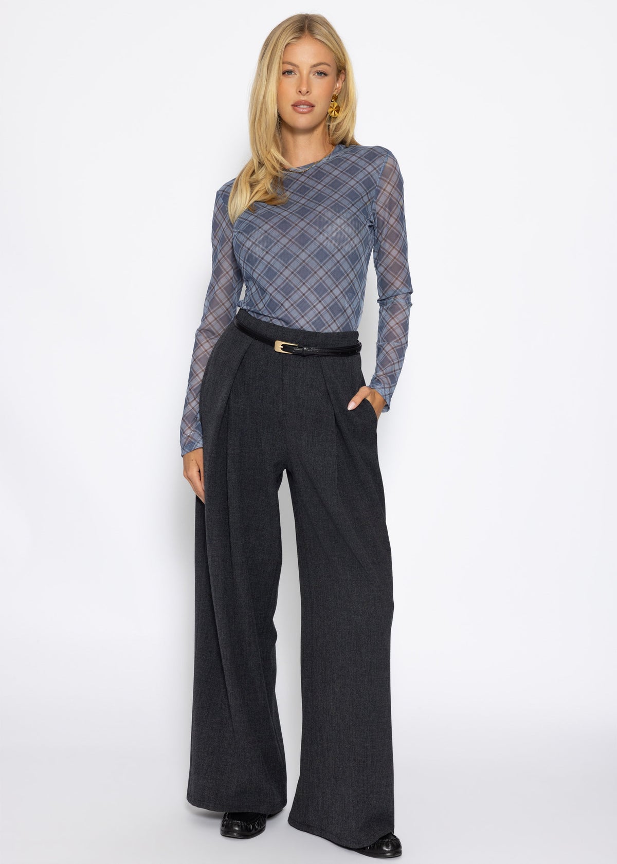 Mesh Langarmshirt mit kariertem Muster - blau