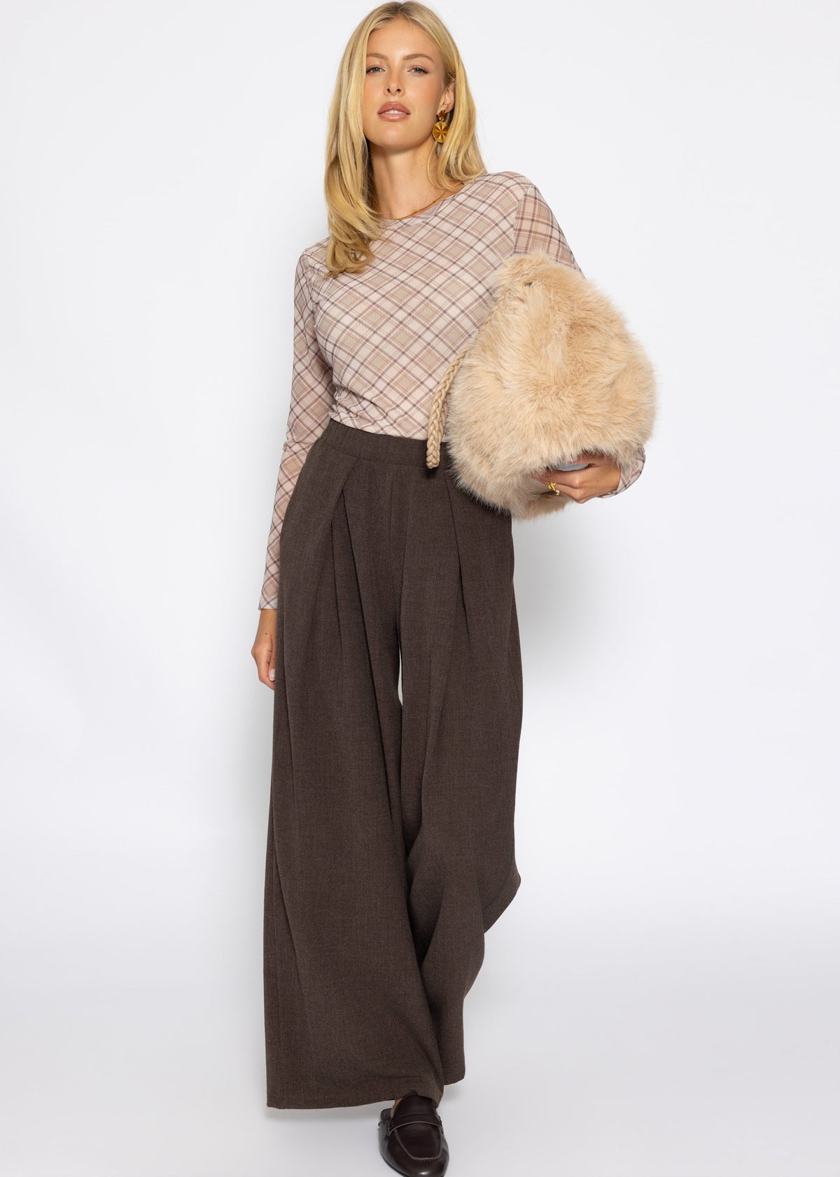 Mesh Langarmshirt mit kariertem Muster - beige