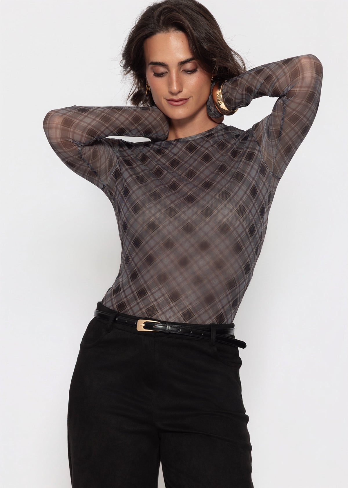 Mesh Langarmshirt mit kariertem Muster - schwarz