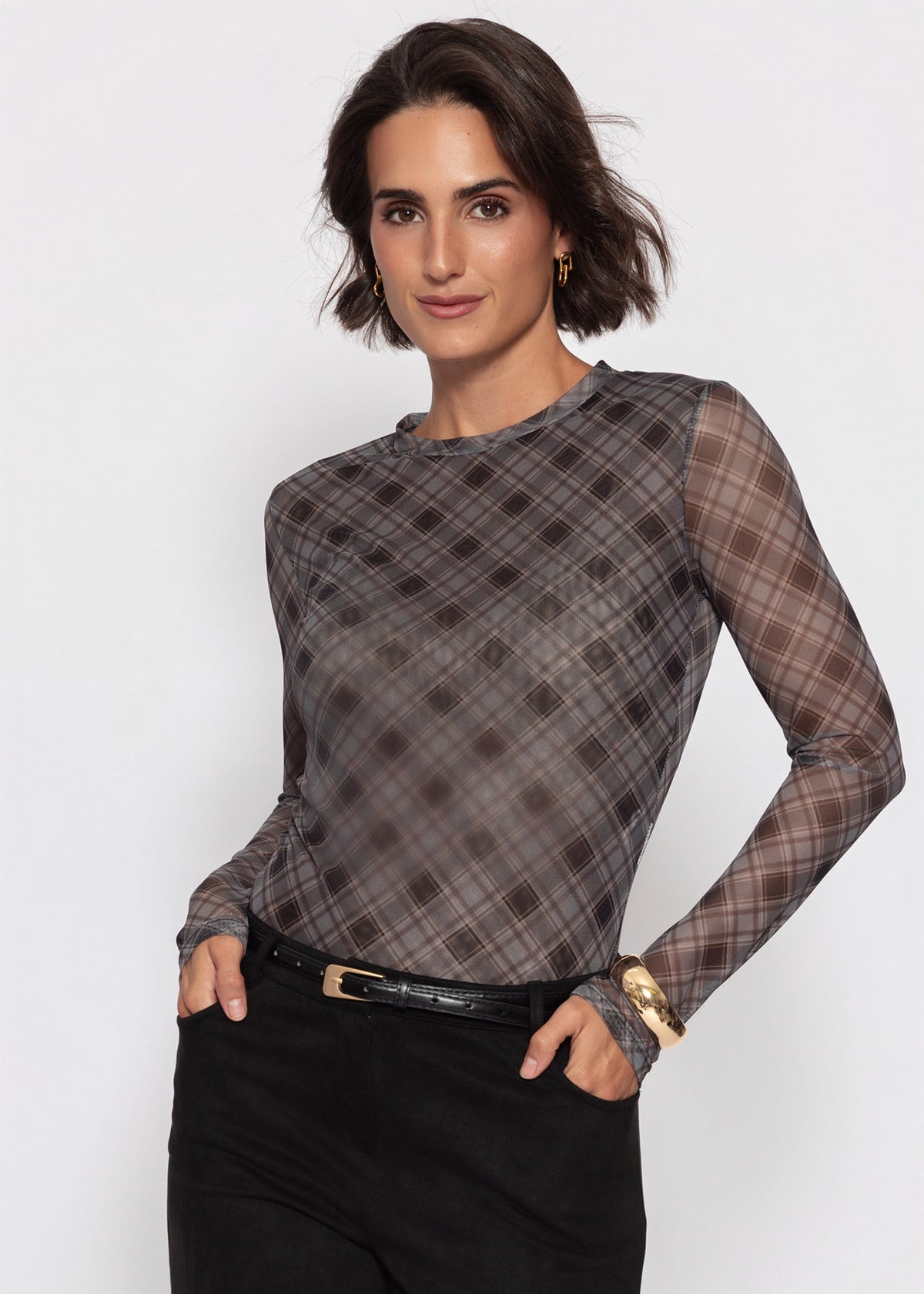 Mesh Langarmshirt mit kariertem Muster - schwarz
