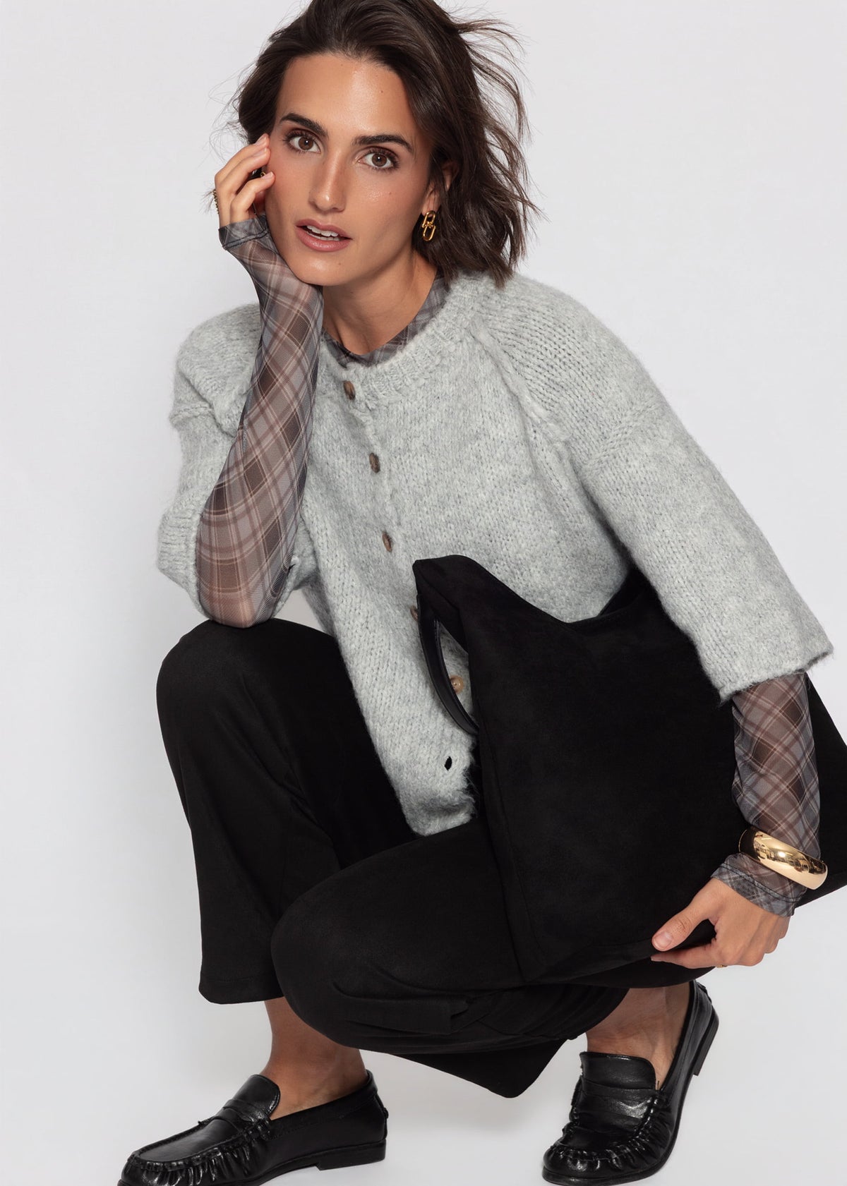 Mesh Langarmshirt mit kariertem Muster - schwarz