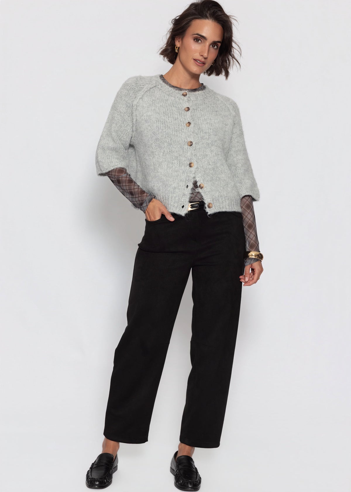 Mesh Langarmshirt mit kariertem Muster - schwarz