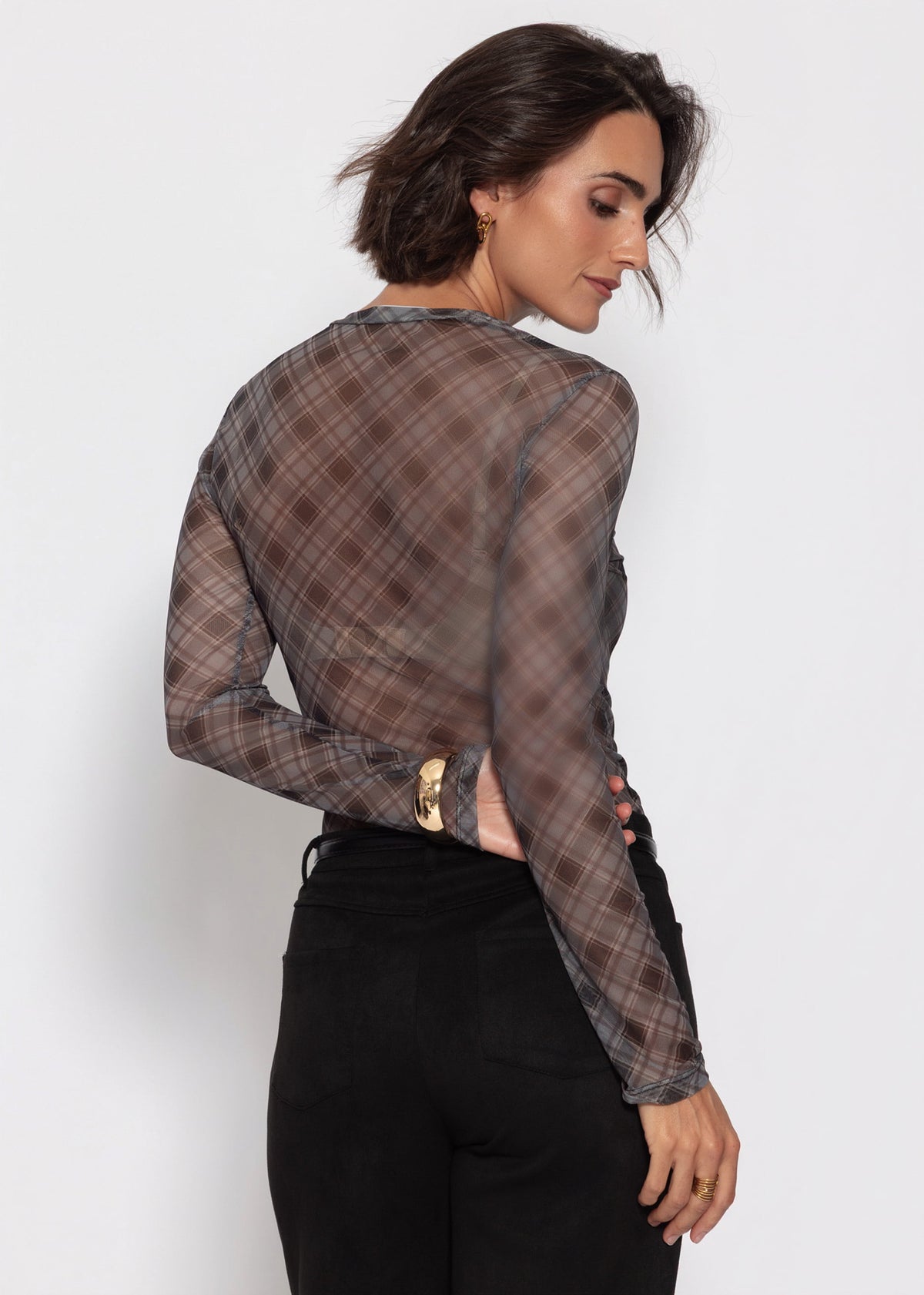 Mesh Langarmshirt mit kariertem Muster - schwarz
