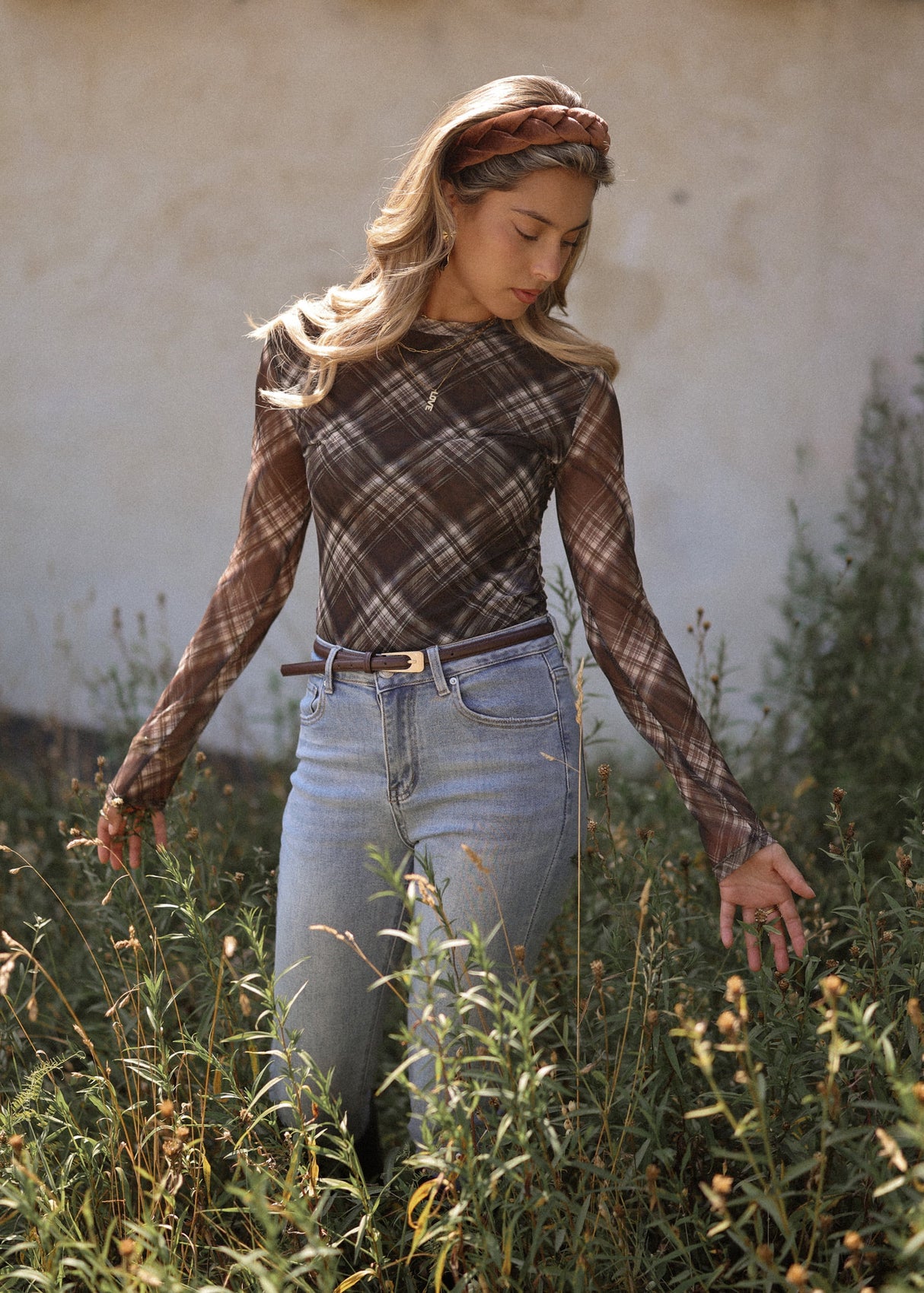 Mesh Langarmshirt mit Karo-Muster - braun
