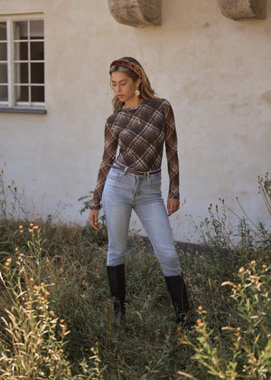 Mesh Langarmshirt mit Karo-Muster - braun
