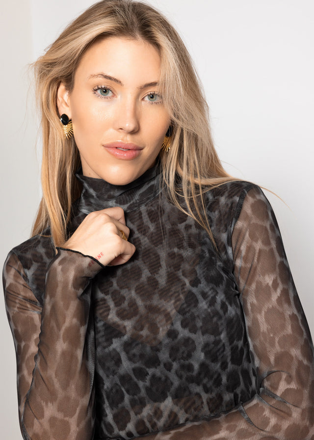 Mesh long-sleeved top with leopard print - grey