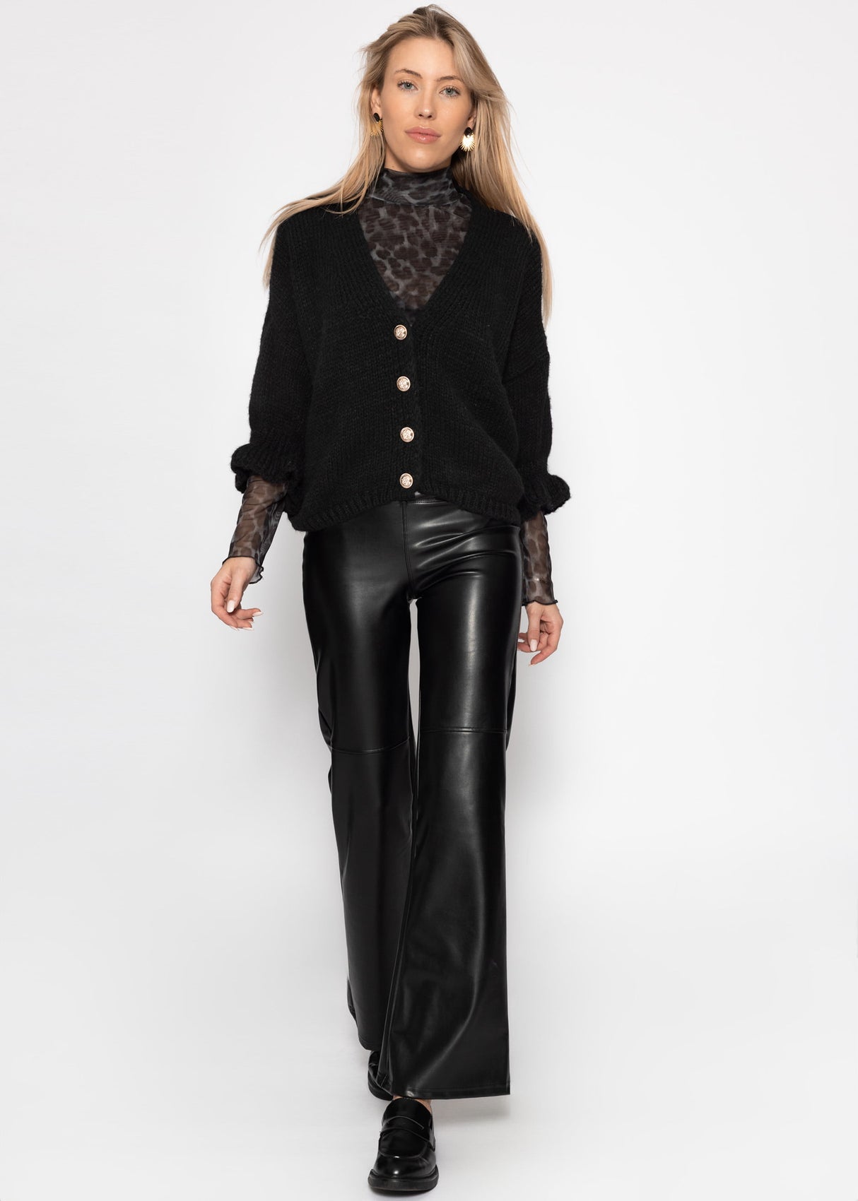 Mesh long-sleeved shirt with leopard print - gray