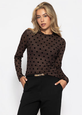 Mesh Langarmshirt mit Polka Dots - braun