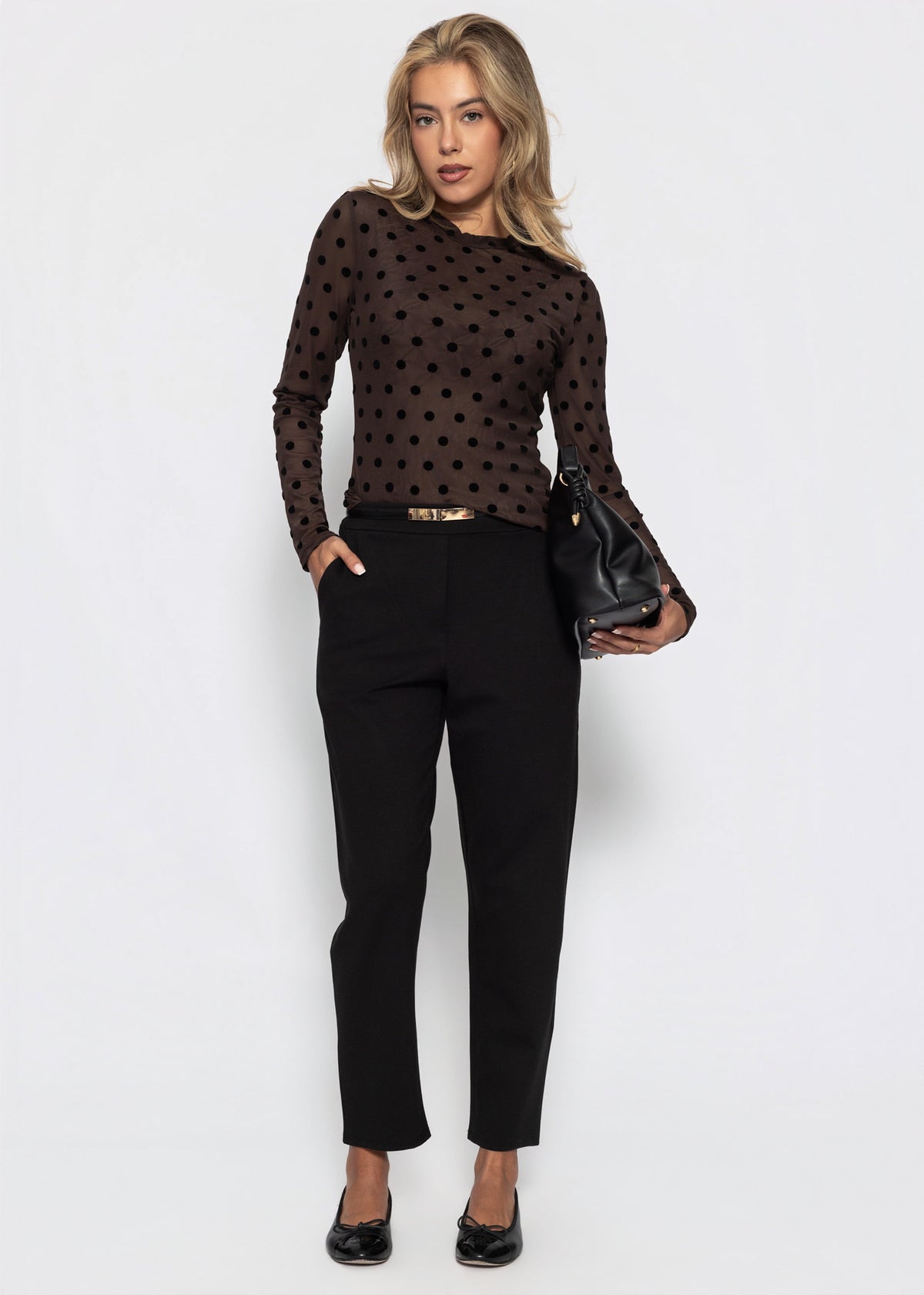 Mesh Langarmshirt mit Polka Dots - braun