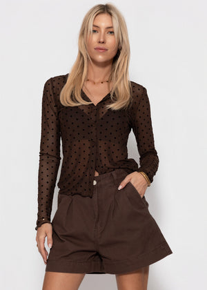 Mesh Langarmshirt mit Punktemuster - braun