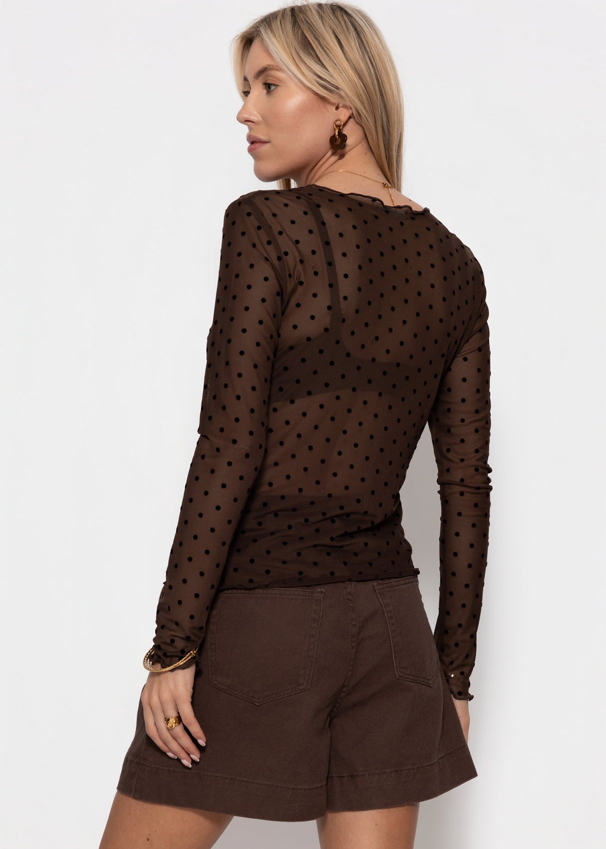 Mesh Langarmshirt mit Punktemuster - braun