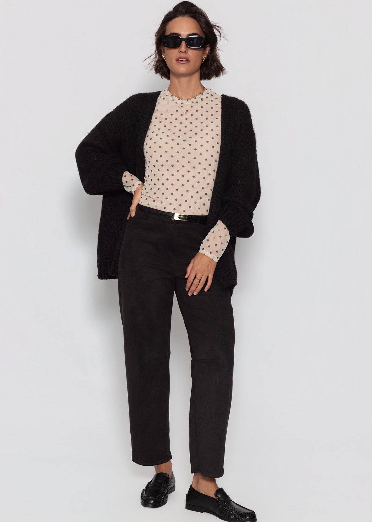 Mesh Langarmshirt mit Punkten - beige
