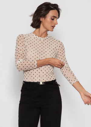 Mesh Langarmshirt mit Punkten - beige