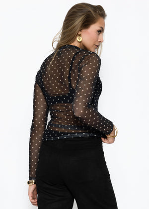 Mesh Langarmshirt mit Punkten - schwarz