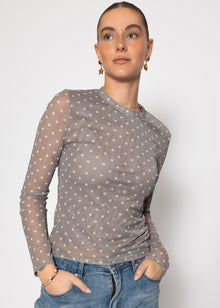 Mesh long-sleeved shirt with polka dots - grey