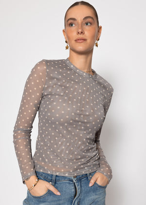 Mesh long-sleeved shirt with polka dots - grey