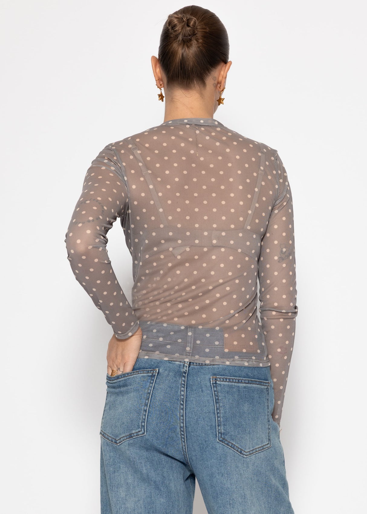 Mesh long-sleeved shirt with polka dots - grey