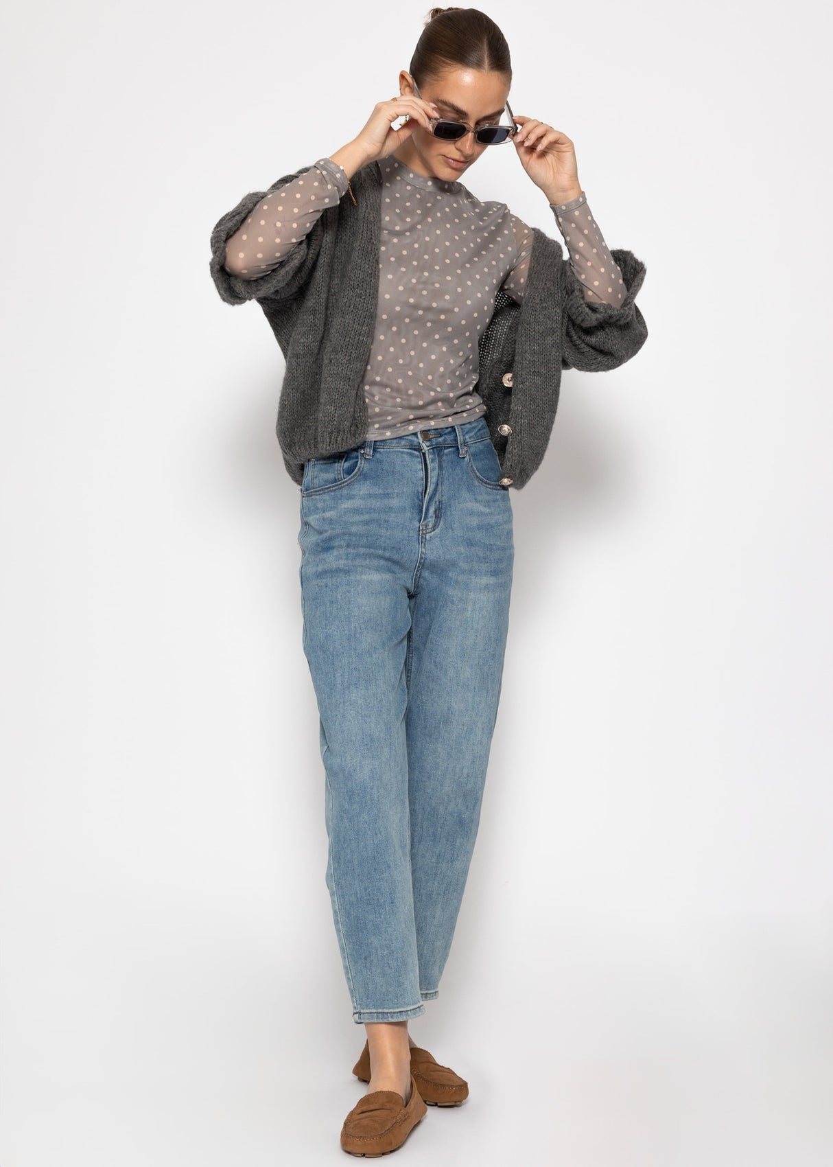 Mesh long-sleeved shirt with polka dots - grey